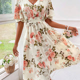Kerensa | Vestido Midi Floral de Cuello en V para Mujeres