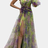Amelie Vestido Maxi Asimétrico de Un Hombro con Estampado Artístico