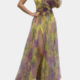Amelie Vestido Maxi Asimétrico de Un Hombro con Estampado Artístico