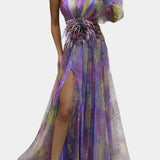 Amelie Vestido Maxi Asimétrico de Un Hombro con Estampado Artístico