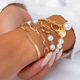 Set de Pulseras Chic Gold 4 Piezas - Serpiente, Perlas y Eslabones | Dorado