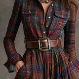 Lapele Vestido Largo de Cuadros con Cinturón