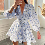 Vestido mini floral de corte A para mujer con escote en V y mangas largas