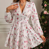 Vestido mini floral con escote en V para mujer, mangas largas y falda con volantes