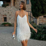 Vestido mini con flecos y tiras para mujer con dobladillo de plumas