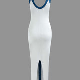 Vestido Maxi de Cóctel con Cuello en V y Textura Acanalada en Bloques de Color