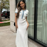 Vestido Maxi de Punto Acanalado Blanco – Vestido Elegante de Verano de Manga Corta para Mujeres