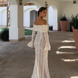 Elegante Maxi Vestido de Encaje Off-Shoulder para Invitadas de Boda