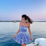 Vestido mini fruncido sin tirantes para mujer con falda escalonada con volantes