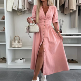 Runa | Vestido Midi de Botones en V para Mujeres