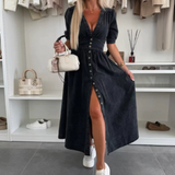Runa | Vestido Midi de Botones en V para Mujeres