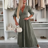 Runa | Vestido Midi de Botones en V para Mujeres