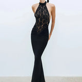 Vestido Maxi Halter de Encaje – Vestido de Noche Elegante y Esculpido para Mujeres
