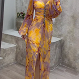 Vestido Maxi de Noche Lujoso - Amarillo y púrpura