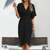 Sanna | Vestido Midi Envoltura de Cóctel de Manga Corta para Mujeres