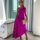 Elegante Vestido Midi de Ocasión Especial con Pliegues en el Hombro