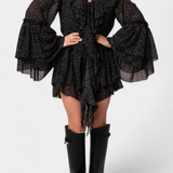 Alida Vestido Mini de Chifón con Lunares y Escote con Volantes