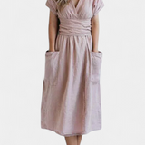 Cressida Vestido de Algodón con Escote en V y Cintura Ajustable