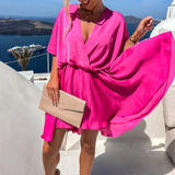 Vestido mini fluido con escote en V, mangas cortas y cintura alta para mujer