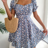 Vestido mini floral de manga corta para mujer con cintura con cordones y corte fluido