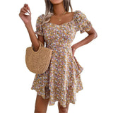 Vestido mini floral de manga corta para mujer con cintura con cordones y corte fluido
