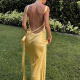 Vestido Maxi de Boda de Satén Amarillo Semi-Translúcido