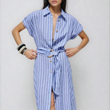 Vestido Maxi de Mezcla de Lino a Rayas con Cinturón