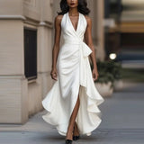 Vestido de Noche de Satén – Elegancia Formal con Escote en V y Hombros Descubiertos