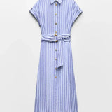 Vestido Maxi de Mezcla de Lino a Rayas con Cinturón