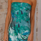 Vestido mini floral sin tirantes para mujer con escote bandeau plegado