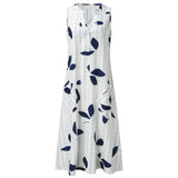 Vestido Maxi con Estampado de Hojas – Elegante Escote en V Sin Mangas para Verano