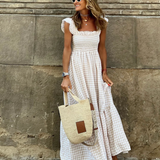 Vestido Maxi de Gingham con Mangas Volantes para el Verano