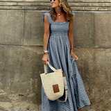 Vestido Maxi de Gingham con Mangas Volantes para el Verano