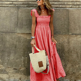 Vestido Maxi de Gingham con Mangas Volantes para el Verano