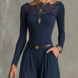 Conjunto de Top de Panel de Encaje y Pantalones Anchos Transparentes