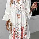 Vestido mini bohemio bordado para mujer con mangas 3/4 y escote en V