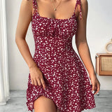 Vestido mini floral para mujer con tirantes anudados y bajo acampanado