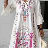 Vestido mini bohemio bordado para mujer con mangas 3/4 y escote en V