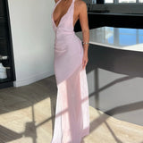 Vestido Maxi de Malla con Detalle de Superposición Transparente de Cuello Halter
