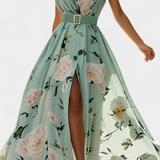 Nila Vestido Floral con Frunces y Abertura en Gasa