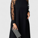 Bellezza Vestido Negro con Mangas de Malla y Corte Holgado