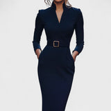 Mandarin Vestido Negro Elegante con Cinturón y Cuello