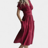 Cressida Vestido de Algodón con Escote en V y Cintura Ajustable