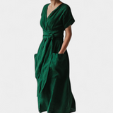 Cressida Vestido de Algodón con Escote en V y Cintura Ajustable