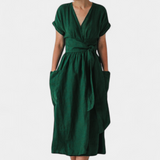 Cressida Vestido de Algodón con Escote en V y Cintura Ajustable
